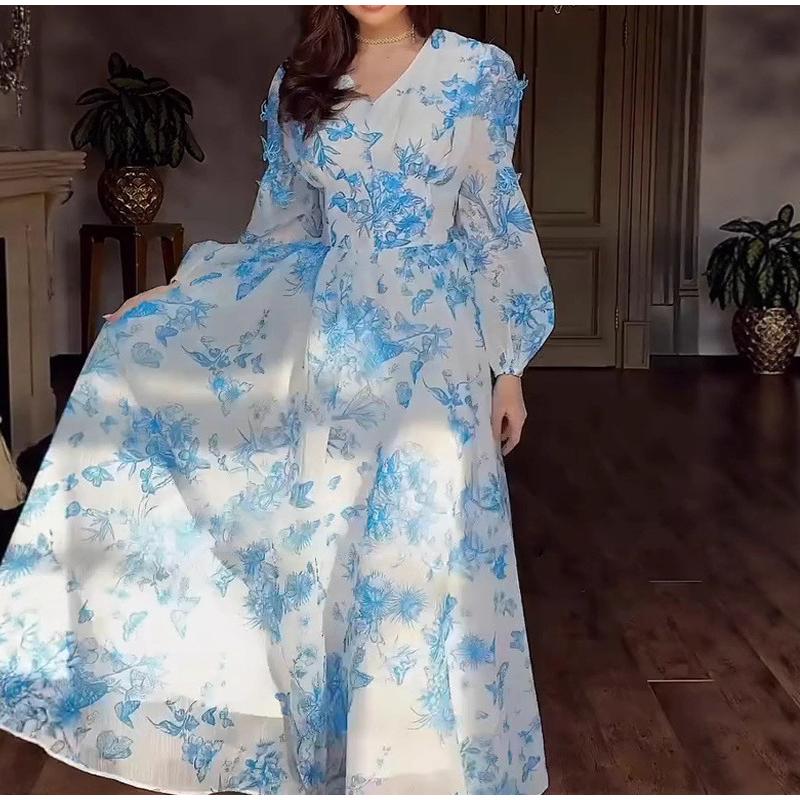 Women's Printed Long Hem Dress with V-neck and Irregular Strap Design Casual Waist Cinching Versatile and Elegant Women's Dress for Daily Wear