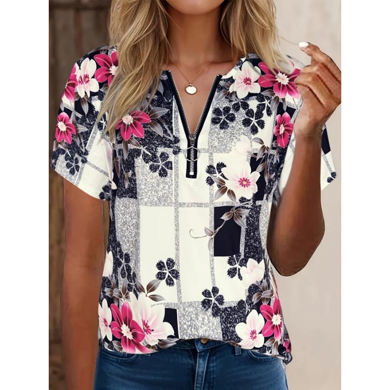 Casual zipper V-neck short sleeved printed T-shirt with high elasticity
