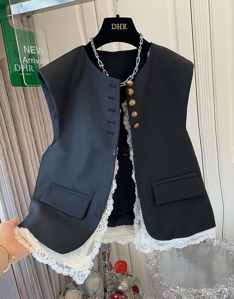 

Women Lace Patchwork Vest Korean O Neck Casual Sleeveless Jackets Female Loose Waistcoat Vintage Chic Women Clothing S чорний