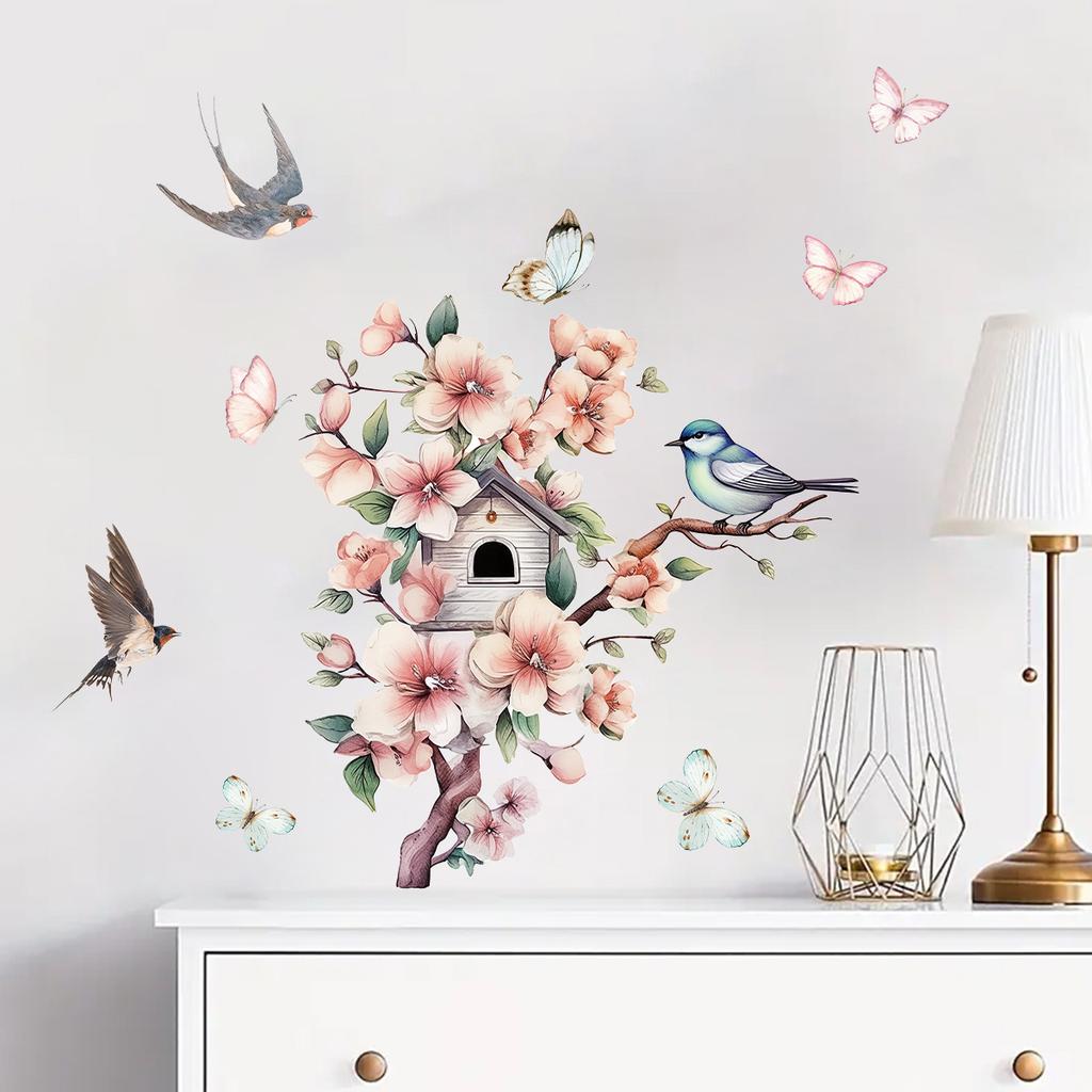 Cartoon Peach Blossom Branch Bird Swallow Wall Stickers, Self-Adhesive Decor for Living Room Room Background Wall Decoration