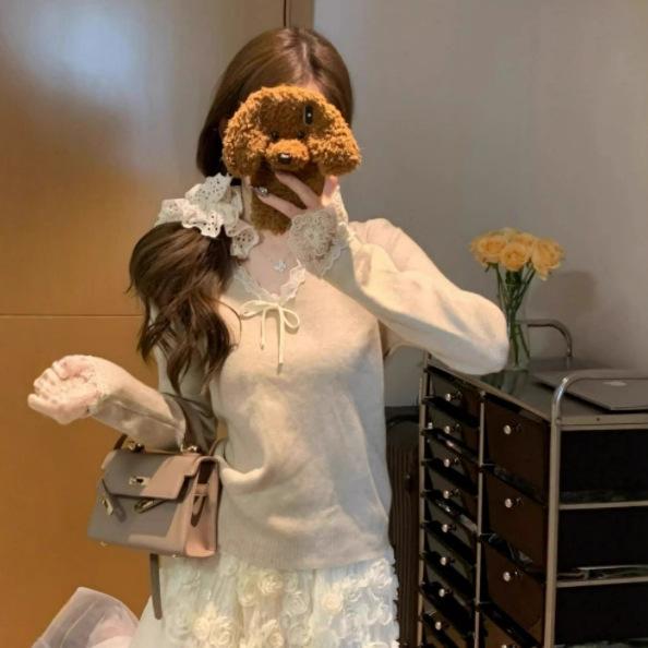 

Korean v-neck lace splicing bow lace-up sweet bottom women s autumn new pure desire knitted sweater top One Size