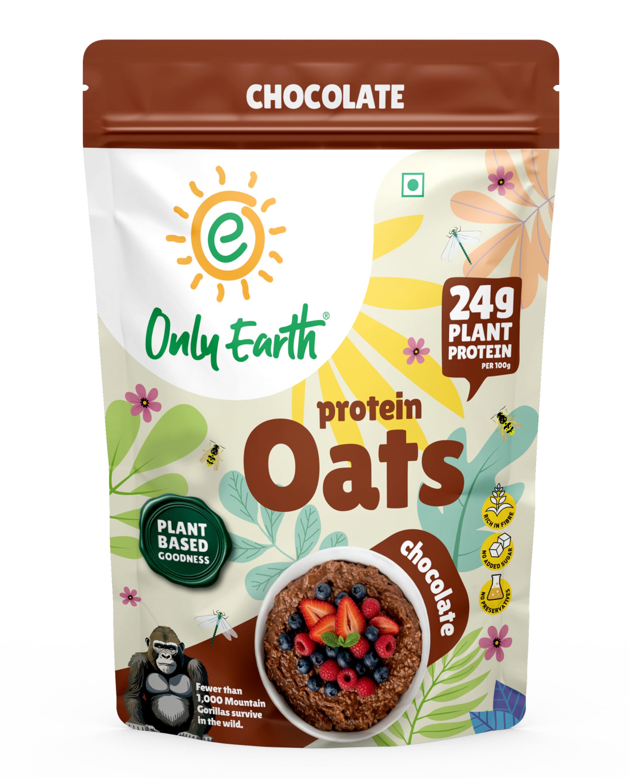 Only Earth Protein Oats | Chocolate | High Protein Instant Oats | 24g Plant Protein | High Fibre | Dairy-Free | No Added Sugar | With Pea Protein,