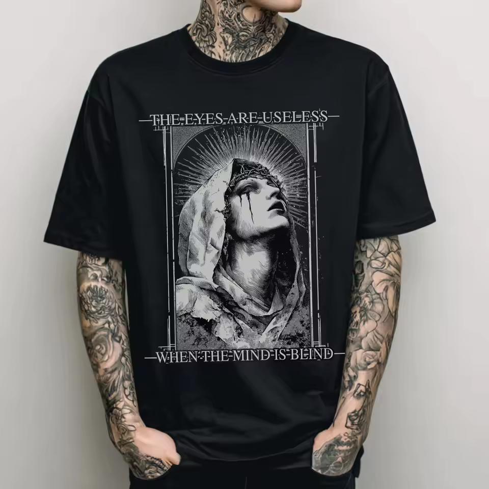 Gothic Graphic Print T-Shirt Punk Rock Grunge Graphic Tee Alternative Streetwear Clothing Alt Metal Shirt Goth Gift for Him