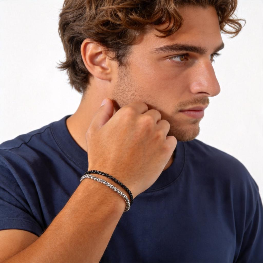 New Black Silver Color Men's Chain Bracelets,Stainless Steel Wheat Chain Wristband,Hip Hop Vintage Jewelry Gift for Him