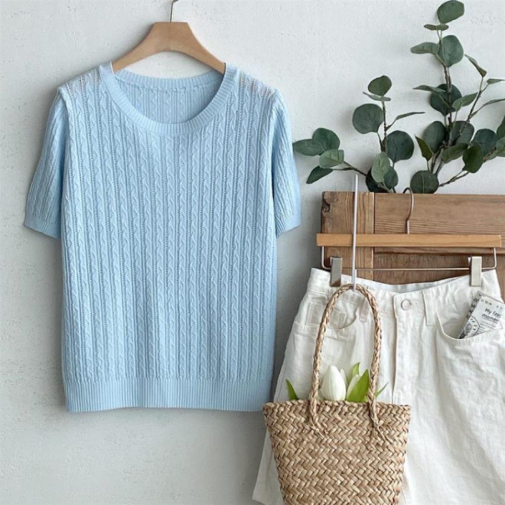 New Arrivals Open Run Women Cable Round Neck Short Sleeve Knit Sweater