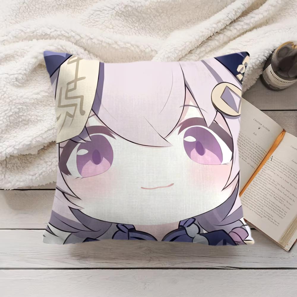 Qiqi Cute Genshin Impact Cushion Cover Silky Short Plush Invisible Zipper Dustproof Sofa Pillow Case For Home Decor