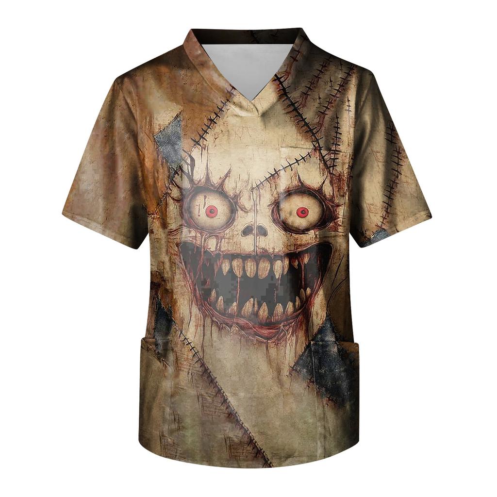 Herren Halloween Print V-Ausschnitt Kasack Kurzarm Medizinische Arbeitskleidung mit Tasche Leicht Bequem Passend für medizinisches Fachpersonal
