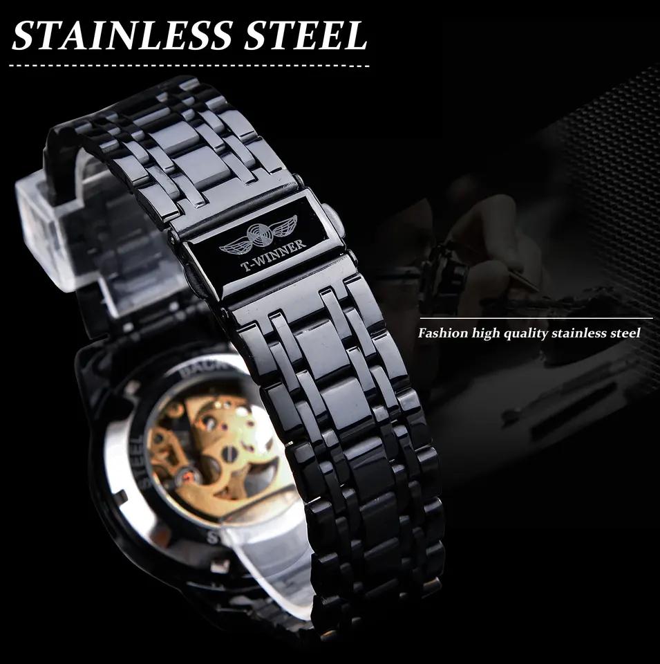 WINNER Orologi Meccanici Classici Lusso Quadrante con Diamanti Scheletro Nero Oro Automatico Orologio da Uomo Cinturino in Acciaio Inossidabile Orologio da Polso