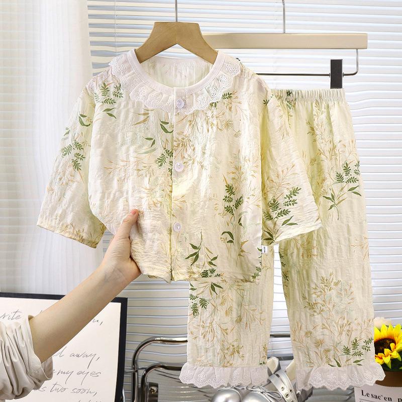 Summer Floral Lace Cotton Pajama Set for Girls: Nine-Sleeve Korean Style Air Conditioning Homewear