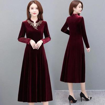 Damen Herbst Winter Samtkleid Dame Langarm Party Velourskleid Lässig A-Linie Elegant Mittelang Kleider