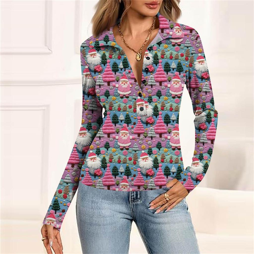 Damska Moda Casual Drukowana Bluzka z Dekoltem w Serek, Długim Rękawem, Zapinana na Guziki