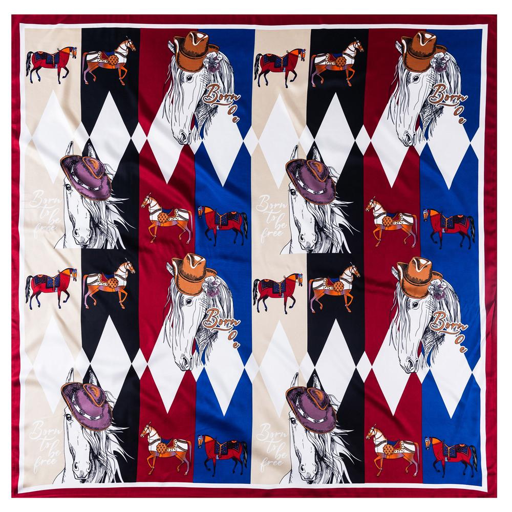 POBING Silk Scarf Women Large Shawls Horse Print Stoles Square Bandana Luxury Kerchief Big Hijab Scarf Female Foulards 130CM