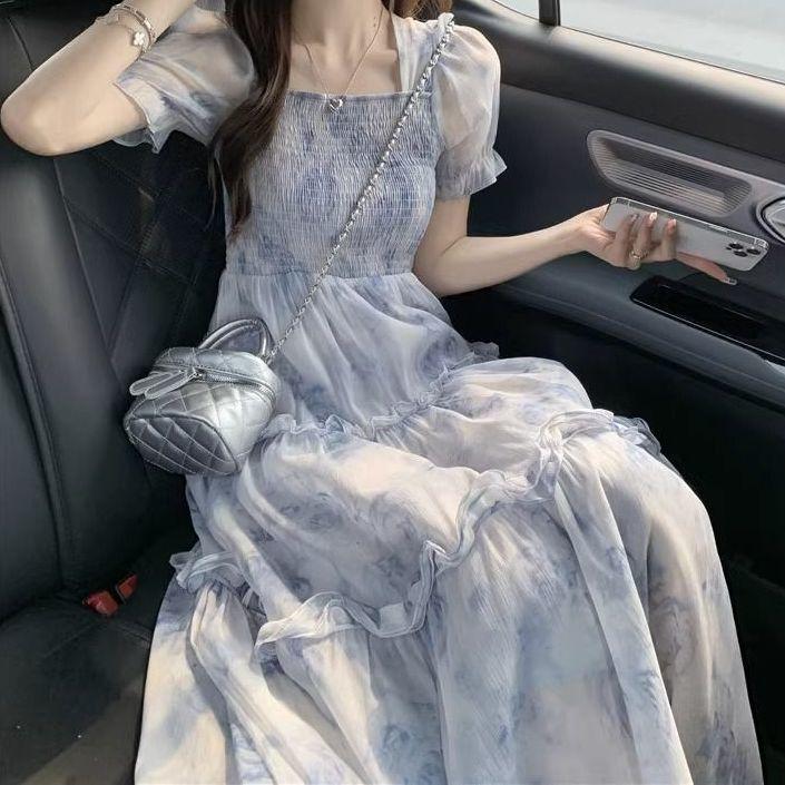 Women s Floral Print Tea Spirit Dress - Summer 2026 French Waist-Cinching Long Mori Style S