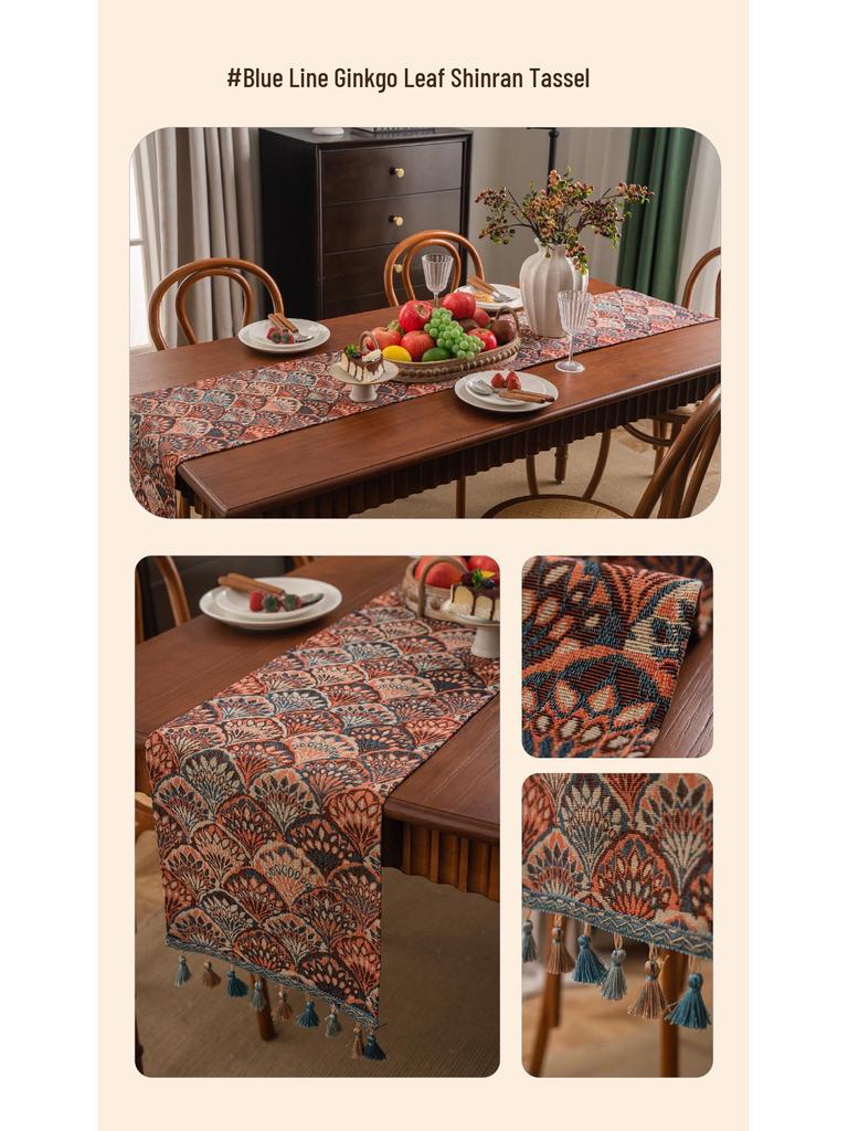 Imanqi Yun Retro Colorful Jacquard Diamond Geometric Tassel Table Runner