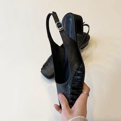 Sheepskin Temperament Elegant Woven Hollow Bag Head Shoes Women's Summer Retro Word with Leather Low Heel Empty Sandals Women's