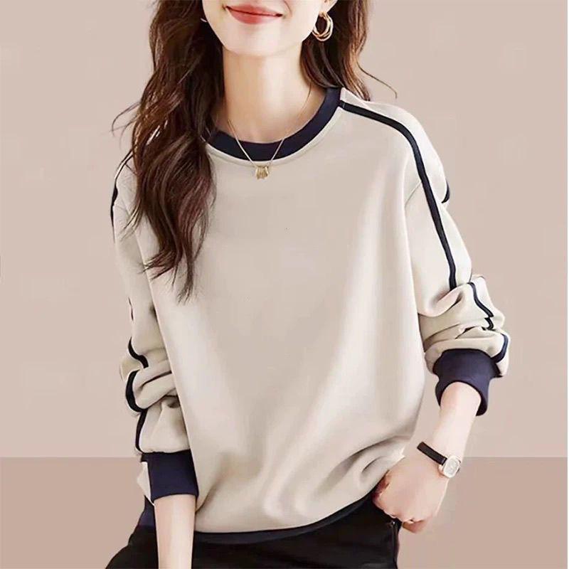 

Осень Зима Круглый вырез Повседневная Мода Принт Толстовка Женская Лоскутная Универсальная Базовая Толстовка Топ S