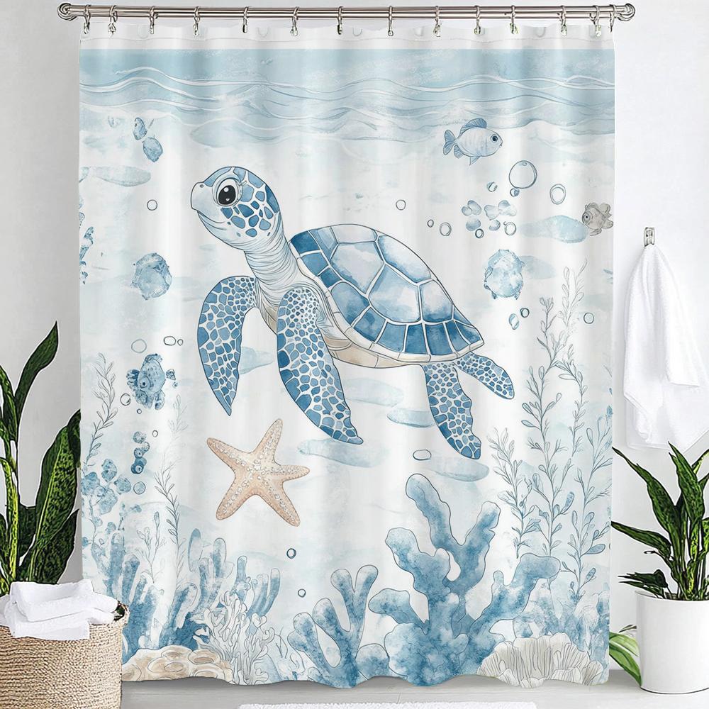 1pc Sea Turtle Print Waterproof Shower Curtain,Beach Coastal Ocean Turtle Starfish Partition Privacy Hanging Curtain with Hooks