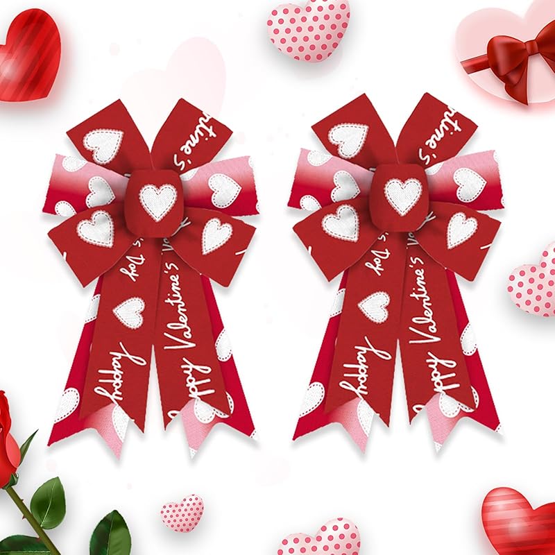 2 Pieces Valentines Bows for Wreath, Valentine s Day Wreath Bows Red White Burlap Bows Heart Craft Bows Ornaments Farmhouse Tree Bows for Front Door Style 1: 2pcs White Heart