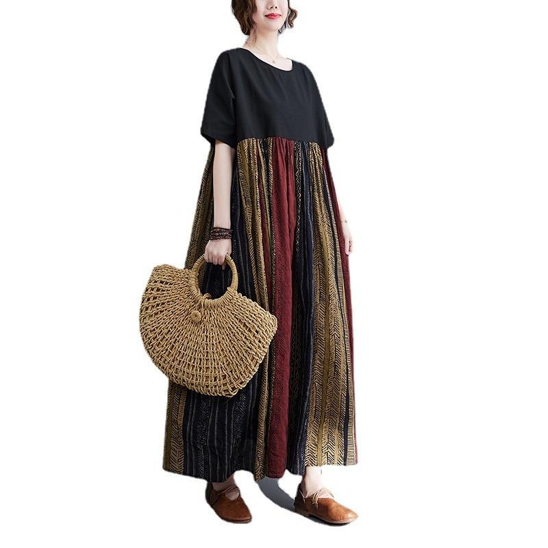 Real shot summer new literary large size loose cotton and linen printing short-sleeved dress women's long dress