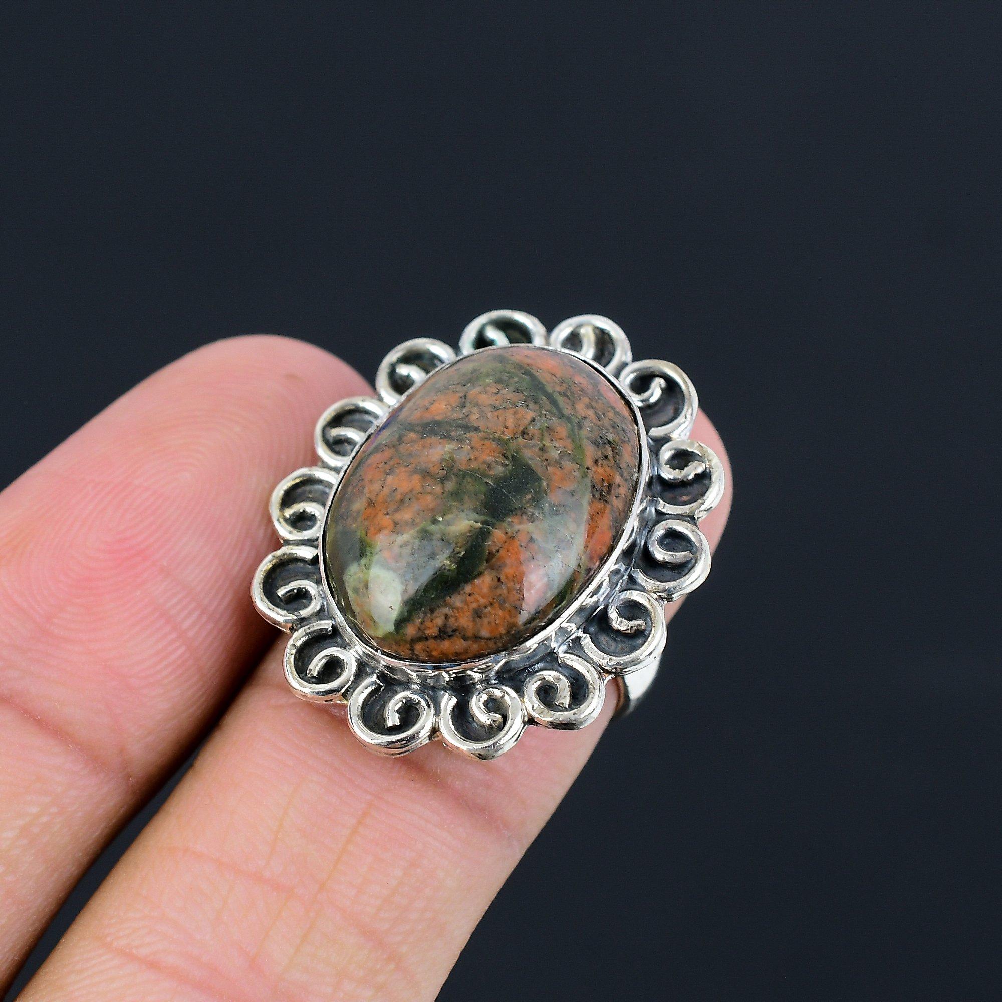 Heart Chakra Natural Unakite 925 Silver Multi Stone Promise Ring Jewelry Size 7 7