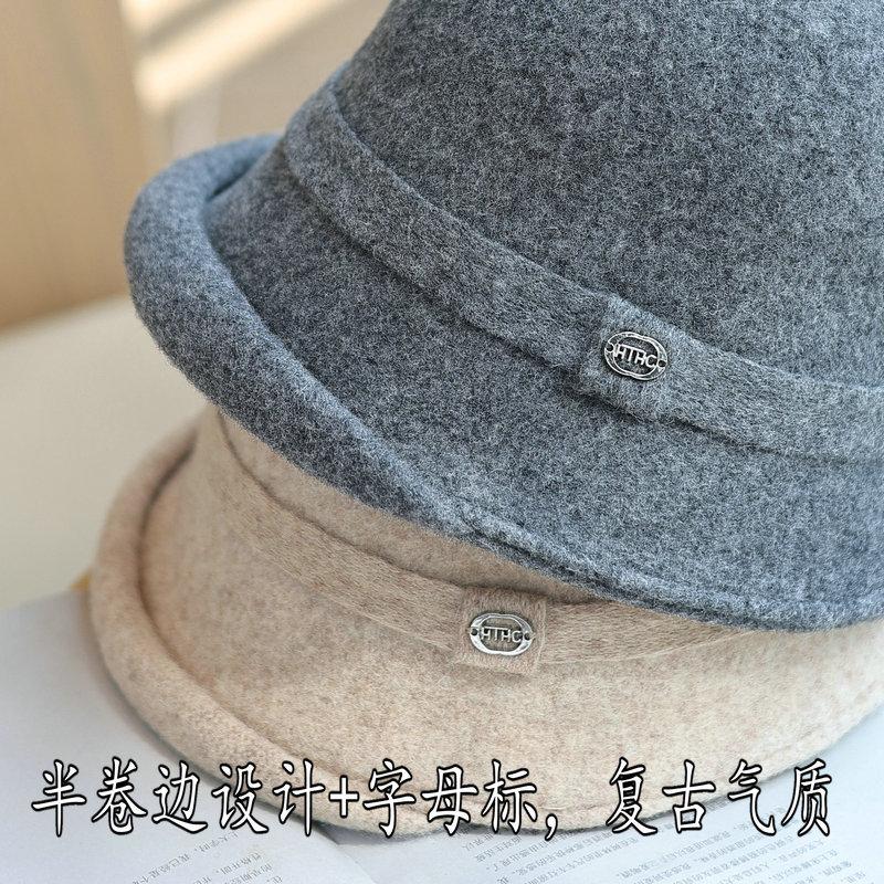 Pure Wool Bucket Hat Women's Winter New Retro Top Hat Curled Edge Shows the Face Small British Lady Basin Hat