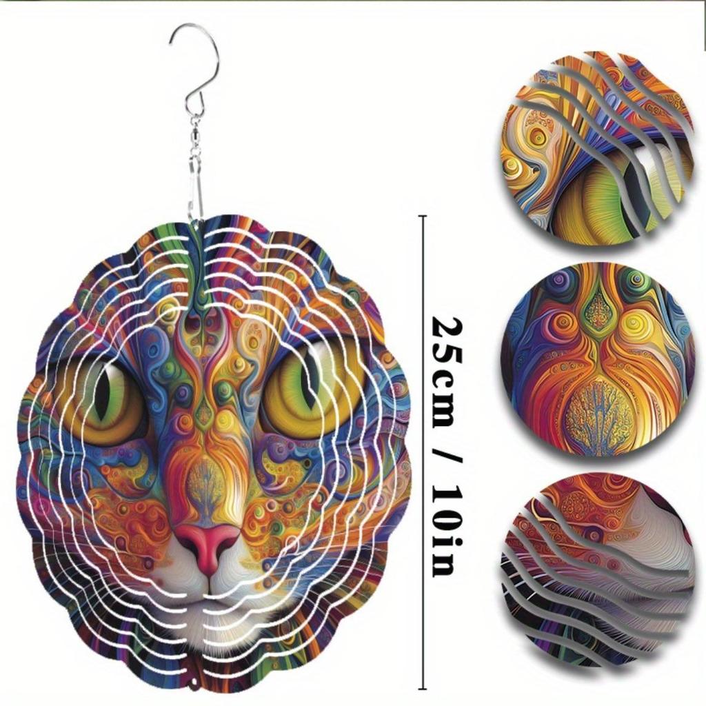 Metal Colorful Cat Wind Chime Handmade Outdoor Garden Decor Vibrant Swirling Patterns No Electricity Needed for Patio