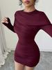 2026 Spring European Fashion: Solid Color Ruched Slim Fit Long Sleeve Round Neck Dress for Women.