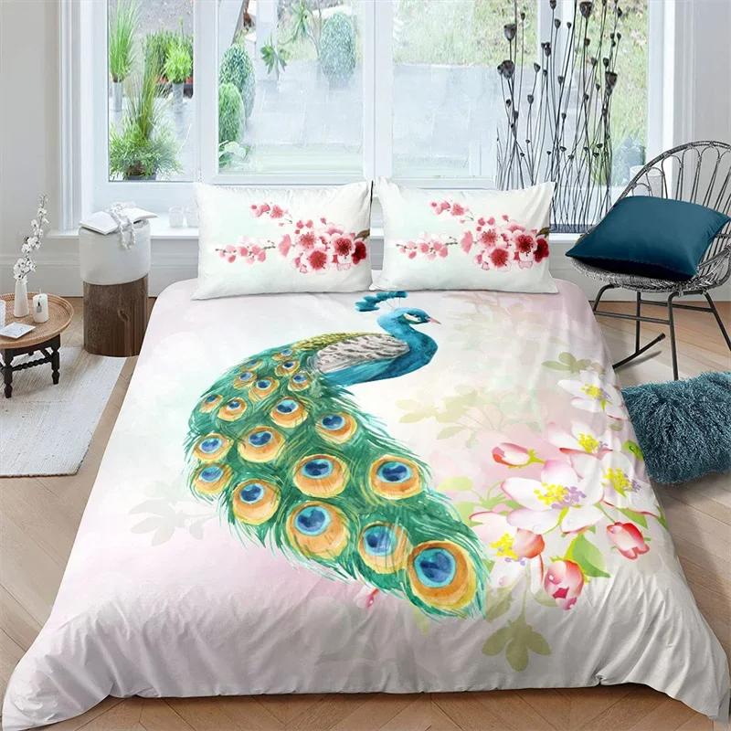 Kinder Pfau Bettbezug Set Einzel Queen Vögel Feder Muster Steppdeckenbezug Zweig Blumen Bettwäsche Set Mikrofaser Tagesdeckenbezug
