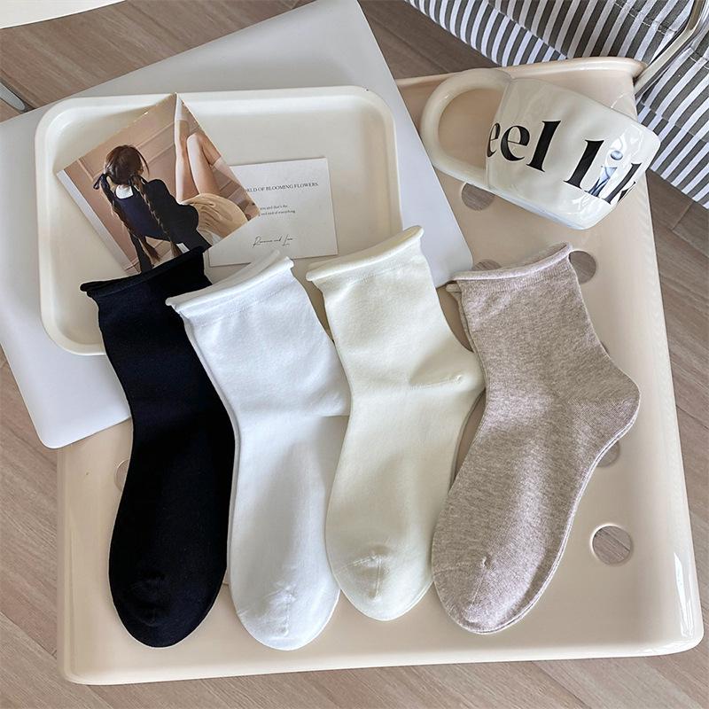 Solid Color Women’s Cotton Mid-Calf Socks - Japanese Rolled Edge for Spring & Autumn, Ruched Style, Versatile.