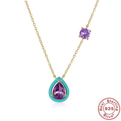 Fashion S925 Sterling Silver Feng Shui Drop Zircon Diamond Imitation Enamel Oil Drop Pendant Necklace Colored Jewelry