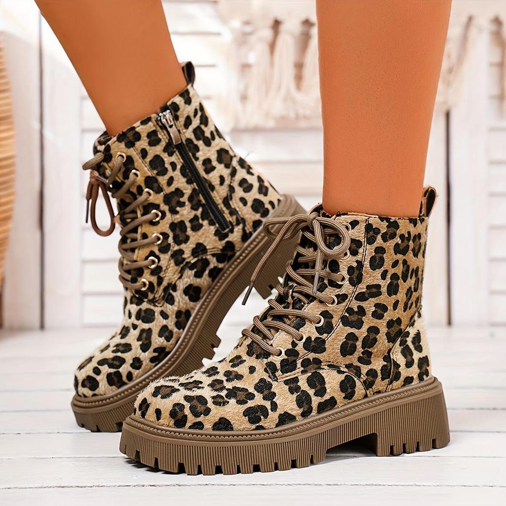 Women's Leopard Print Boots, Side Zip Comfortable Thick Bottom Flat Boots, Winter Round Toe Short Boots