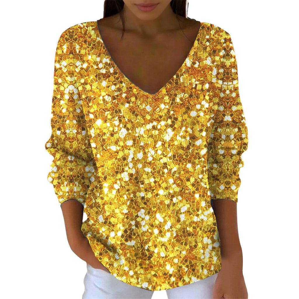 Women's Casual Daily Long-Sleeved V-Neck Faux Sweater Knitted Pullover Top With Sequins