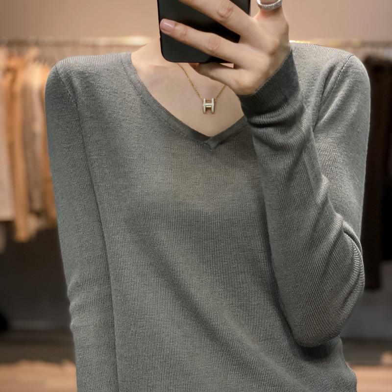 Women's Loose Korean Style V-Neck Thin Sweater - 2023 Long Sleeve Knitted Wool Base Layer Top, White