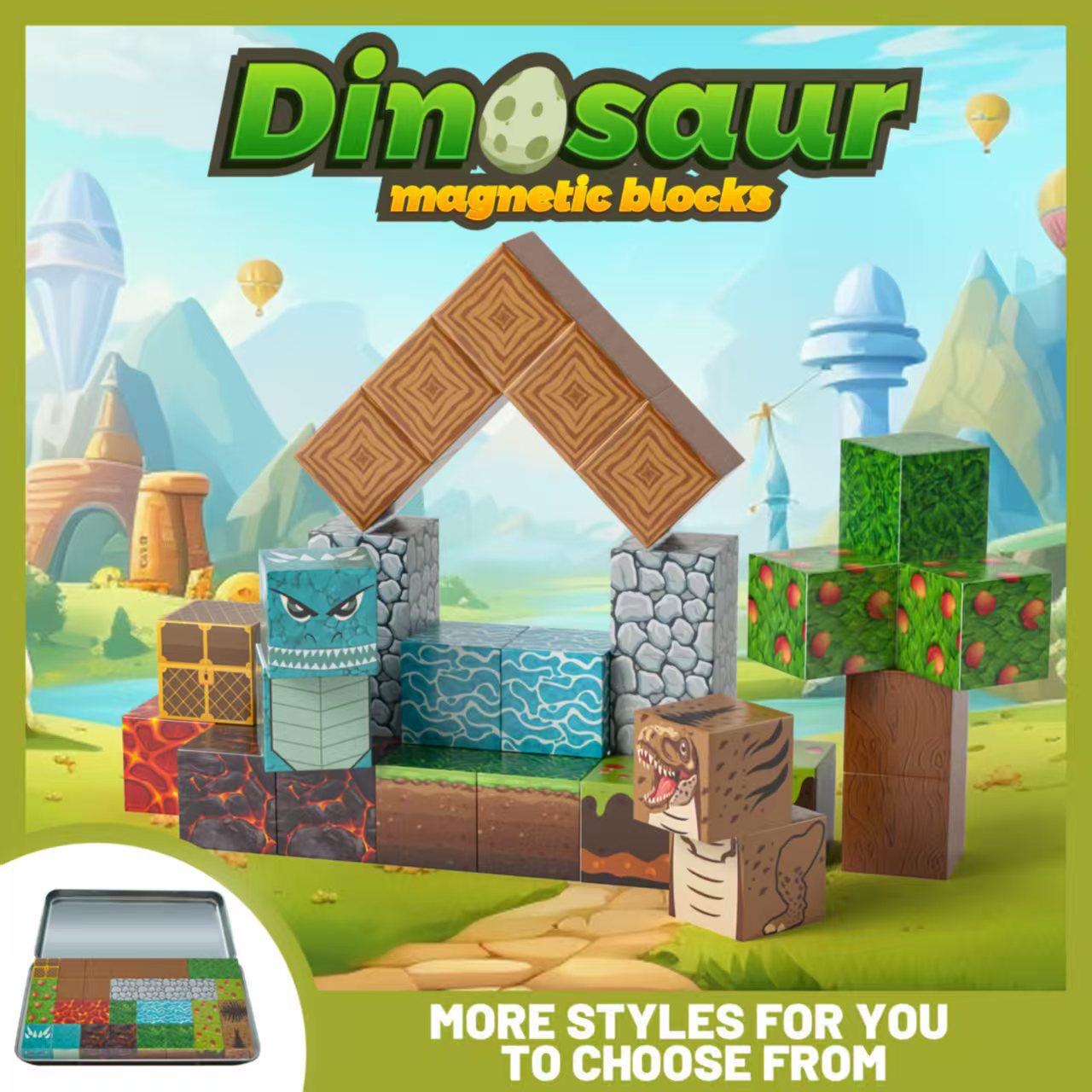 Dinosaur World Magnetic Building Blocks Set with Tin Box