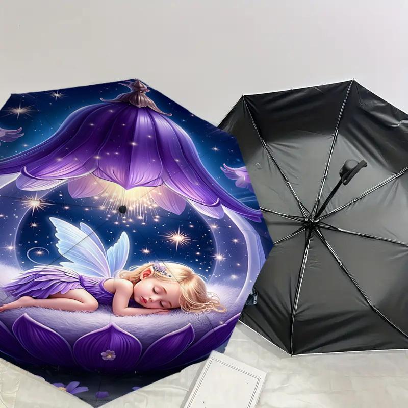 1 Stück Feenblume Automatisches Öffnungs-/Schließschirm mit Winddichtigkeit, Stabiles Dach mit 8 Speichen, Langlebige Speichen, Modisches Design, Outdoor-Accessoire, Lustiger Druck, Hol