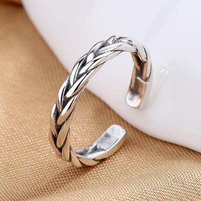 S925 Silver Woven Twist Retro Plain Ring Women's Opening Cold Wind Personalized Tail Ring Simple and Unique Foot Ring