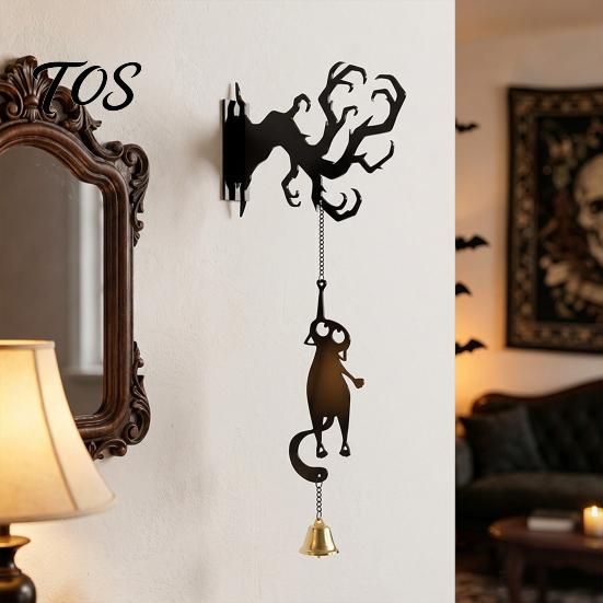 Retro Home Decoration Halloween Welcome Sign, Wall Mount 2D Acrylic Hanging Decor with Bell, Commercial Props Gothic Black Cat Creepy Ghost