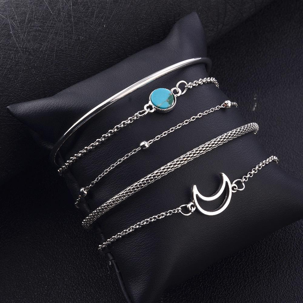 5Pcs Vintage Geometric Stone Charm Bracelet Set For Women Retro  Color Moon Wrist Chain Open Bangle Lady Boho Jewelry