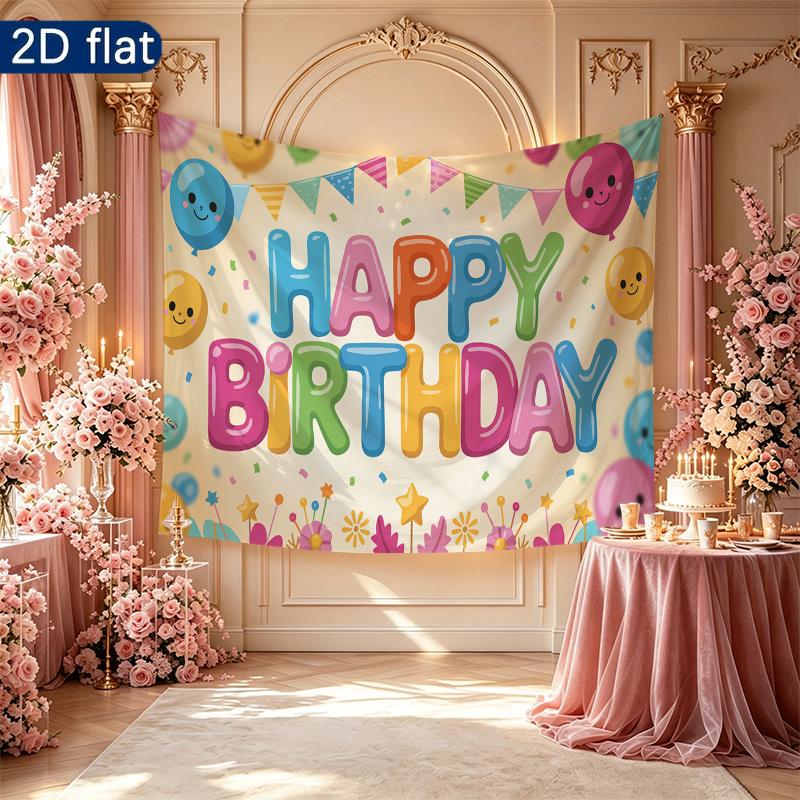 Birthday Party Rose Bouquet Balloons Candles Backdrop, Pink Polyester Banner for Photo Booth & Wall Decor