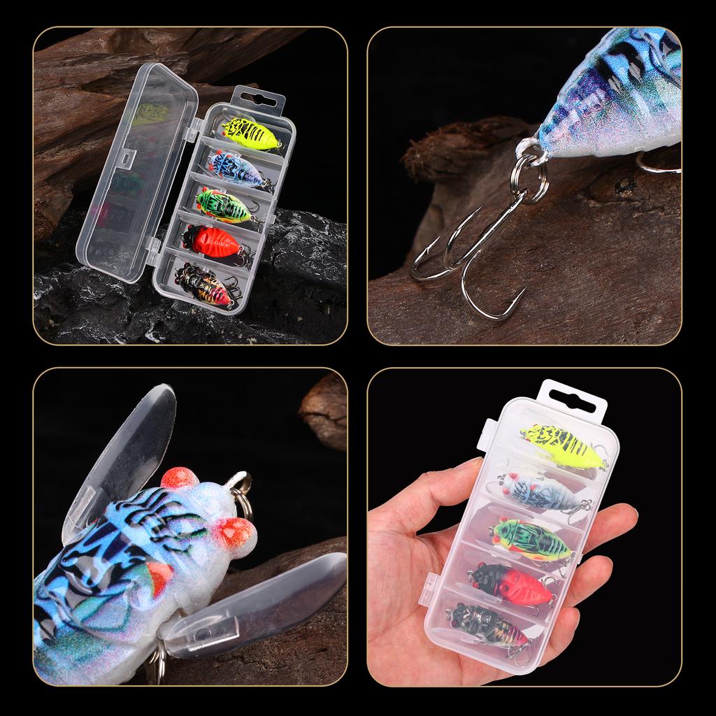 5 Pièces Leurres Bioniques Flottants Cigale, Ailes Mouvantes Dynamiques & Hameçons Triples Forts 3X, 50mm 6g Appât Insecte Ultra-Réaliste