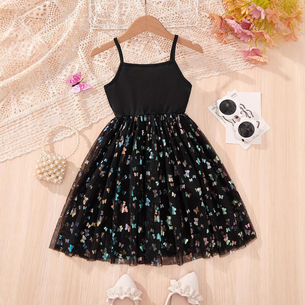 Girls Butterfly Flower Print Mesh Dress Summer Children Fashion Halter Dress