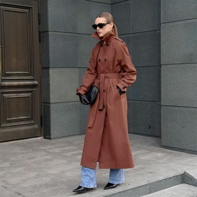 2026 Womens Long Cotton Trench Coat With Stand Collar Double-Breasted Waist Belt Street Style Oversized Fit