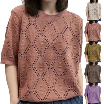 French Hollowed Out Summer Thin Knit Sweater Short Sleeved Women's Fashionable Loose Round Neck Westernized Age Reducing Top
