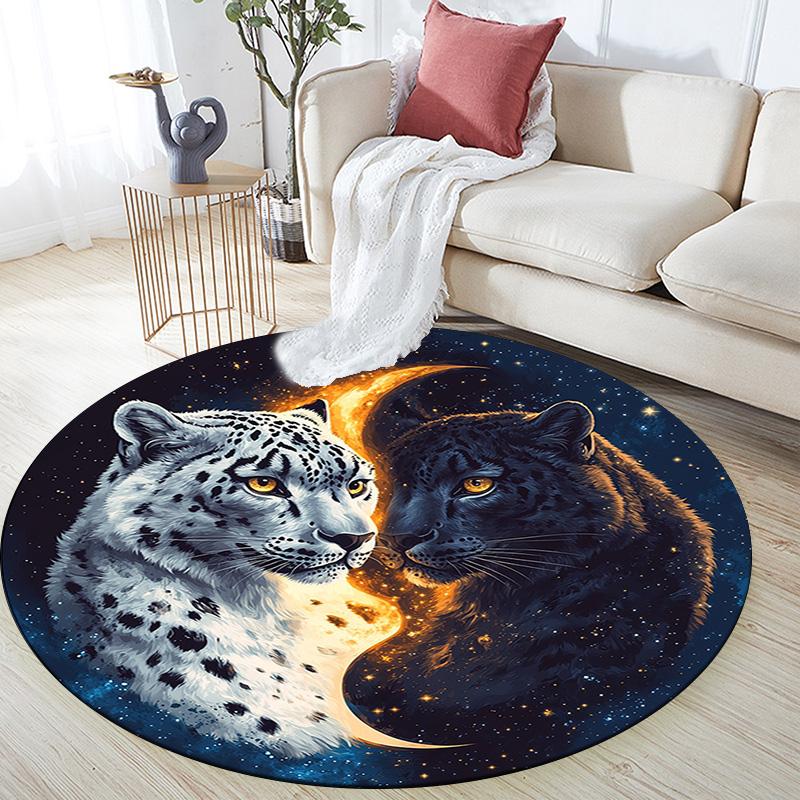 Snow Leopard Round Area Rug,Carpet Rug for Living Room Bedroom Sofa Playroom Decor,Non-slip Floor Mat