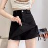 2024 Summer Black Irregular High Waist A-line Skirt with Slimming Ruched Design for Women