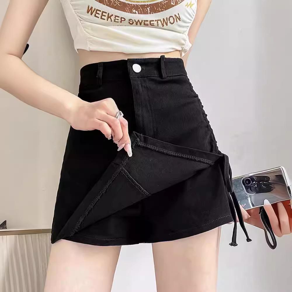 2024 Summer Black Irregular High Waist A-line Skirt with Slimming Ruched Design for Women