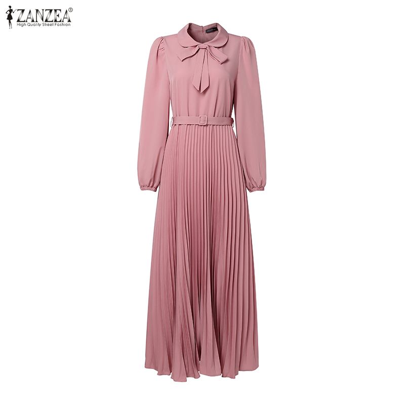 ZANZEA Damen Freizeit Puppenkragen Locker Langarm Muslimisches Langes Kleid