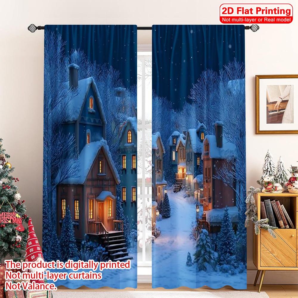 

Set Of 2 Flat Printing Christmas Curtain Snowy Village Polyester Without Electricity Festive Holiday Use Room Bedroom Perfect For W100*H70(CM)-Hooks&1PCS