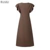 ZANZEA Women Casual Round Neck Ruffles Short Sleeve Loose Pleated Long Dress