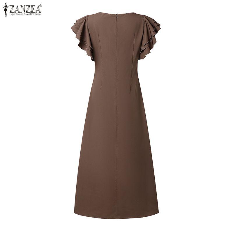 ZANZEA Women Casual Round Neck Ruffles Short Sleeve Loose Pleated Long Dress